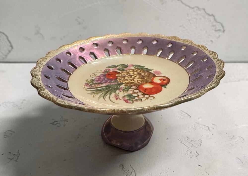 Ucagco Japan HandPainted Fruit With Gold Trim Pierced Edges Pedestal Dish